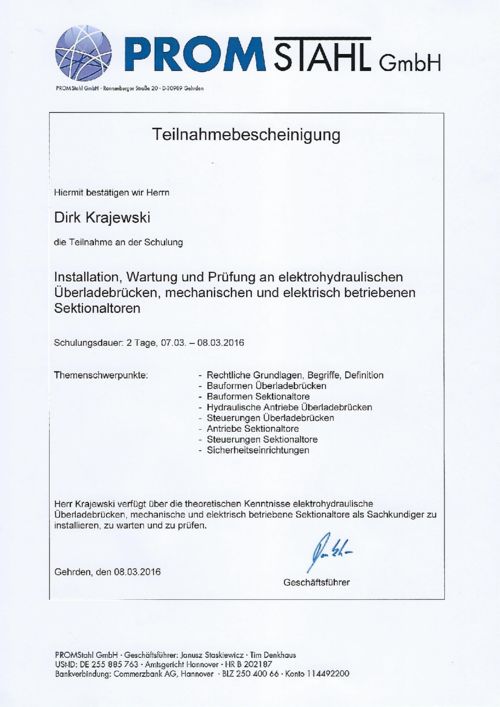 Teilnahmebescheinigung PROM-Schulung 2016 D. Krajewski